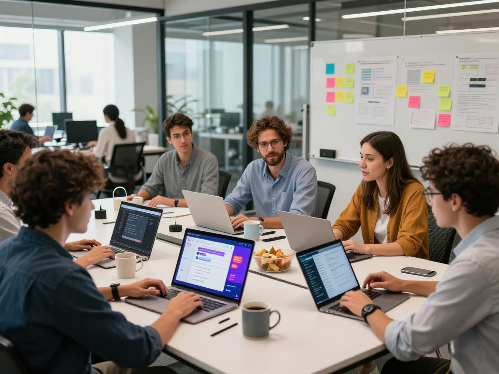 Dynamic team collaborating on spicy AI chat solutions in a modern workspace.