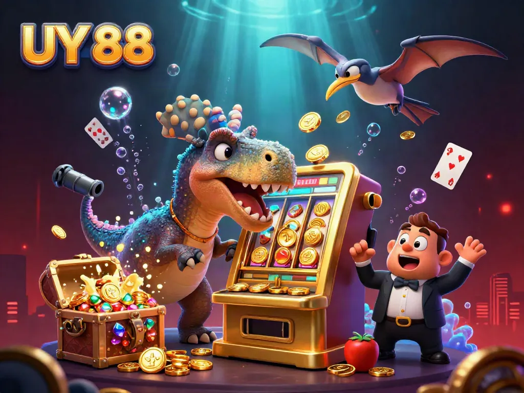 Experience the excitement of UY 88 as a cartoon dinosaur interacts with a slot machine, capturing the thrill of winning!
