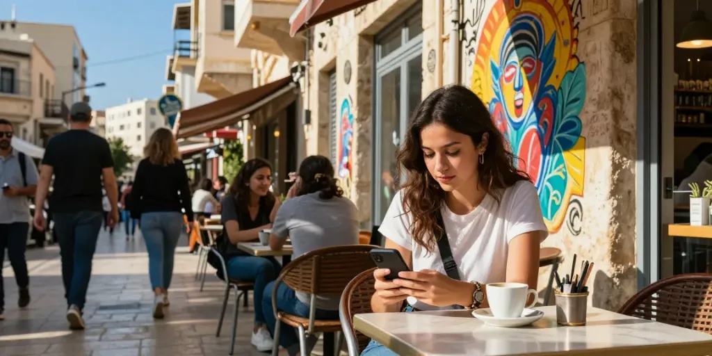Stylish woman enjoying a vibrant café atmosphere in Haifa, reflecting the lively city life and culture of נערות ליווי בחיפה.