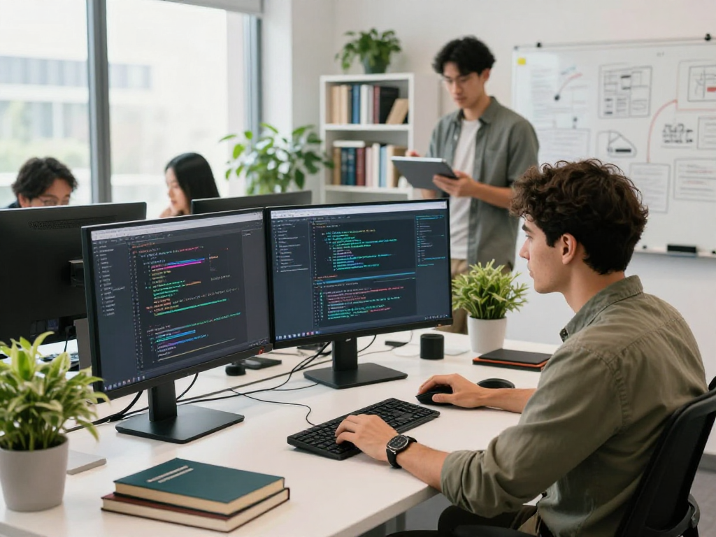 Innovative workspace featuring a developer coding with hot ai tools amidst modern tech setup.