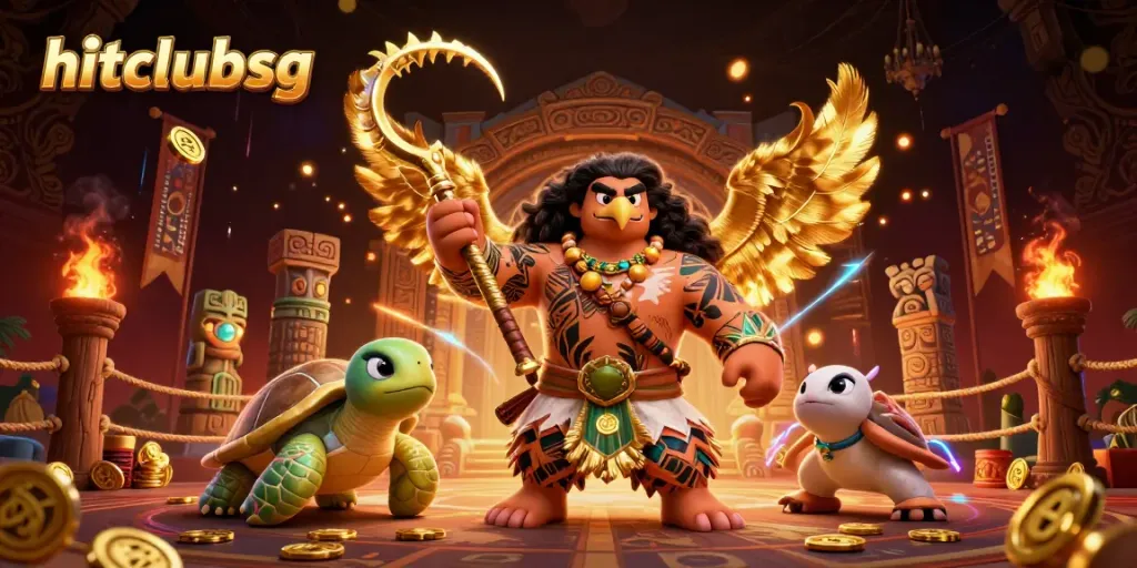 Engage with hitclubsg through a vibrant 3D illustration of a demigod and turtle in an online casino