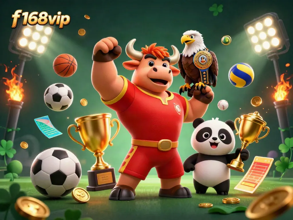 Experience thrilling victories with f168vip in an energetic casino sports setting featuring unique mascots.