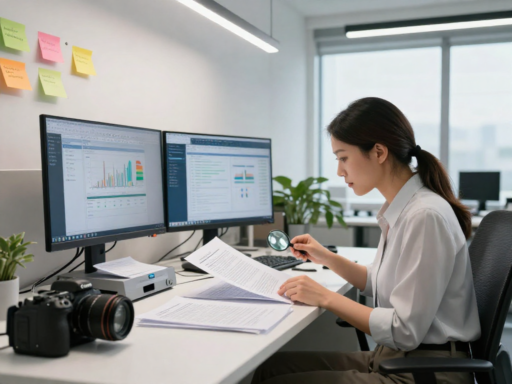 Efficient office scene illustrating document fraud detection with analysis tools and professional scrutiny.