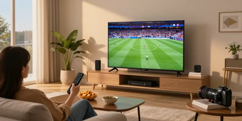 Enjoy watching sports with test iptv in a cozy living room with a large TV.